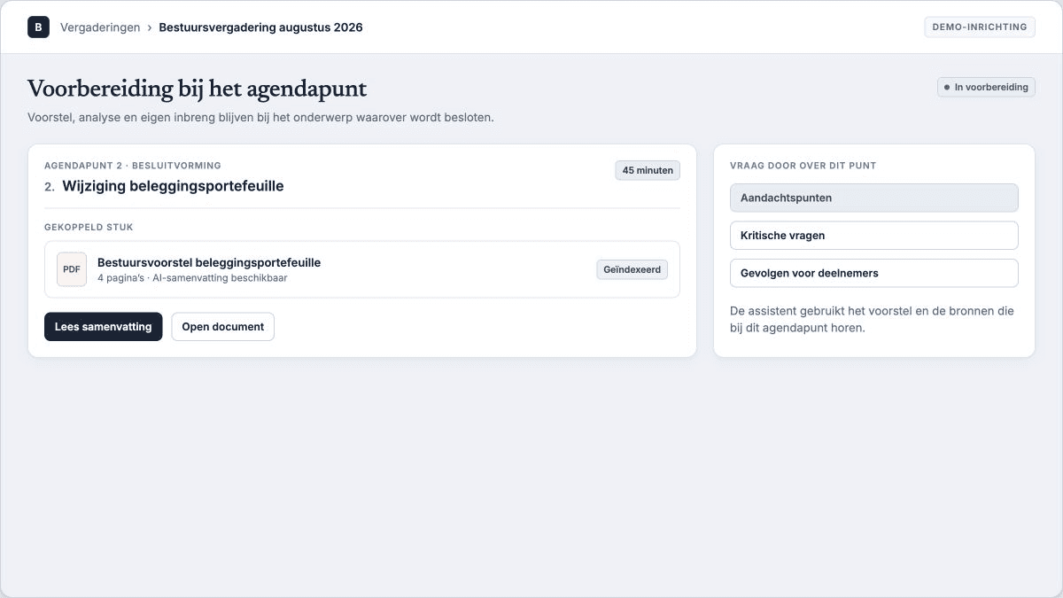 Productweergave: een agendapunt met het voorstel, de samenvatting en de verdiepingsvragen bij elkaar.