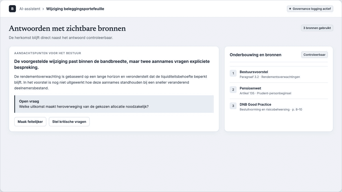 Productweergave: een antwoord met daarnaast het paneel Onderbouwing en bronnen met drie gebruikte bronnen.