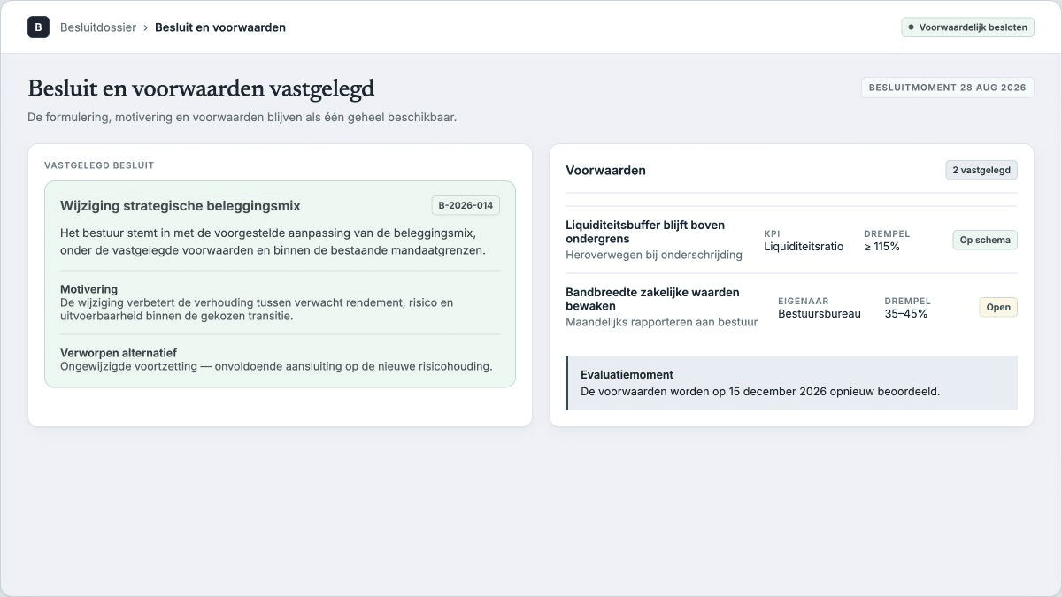 Productweergave: een vastgelegd besluit met motivering, afgewogen alternatieven en voorwaarden.
